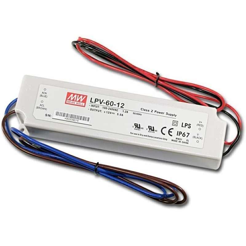 Alimentatore Switching 60W 12V 5A IP67 MEAN WELL LPV-60-12 Alimentatore Switching 60W 12V 5A IP67 MEAN WELL LPV-60-12