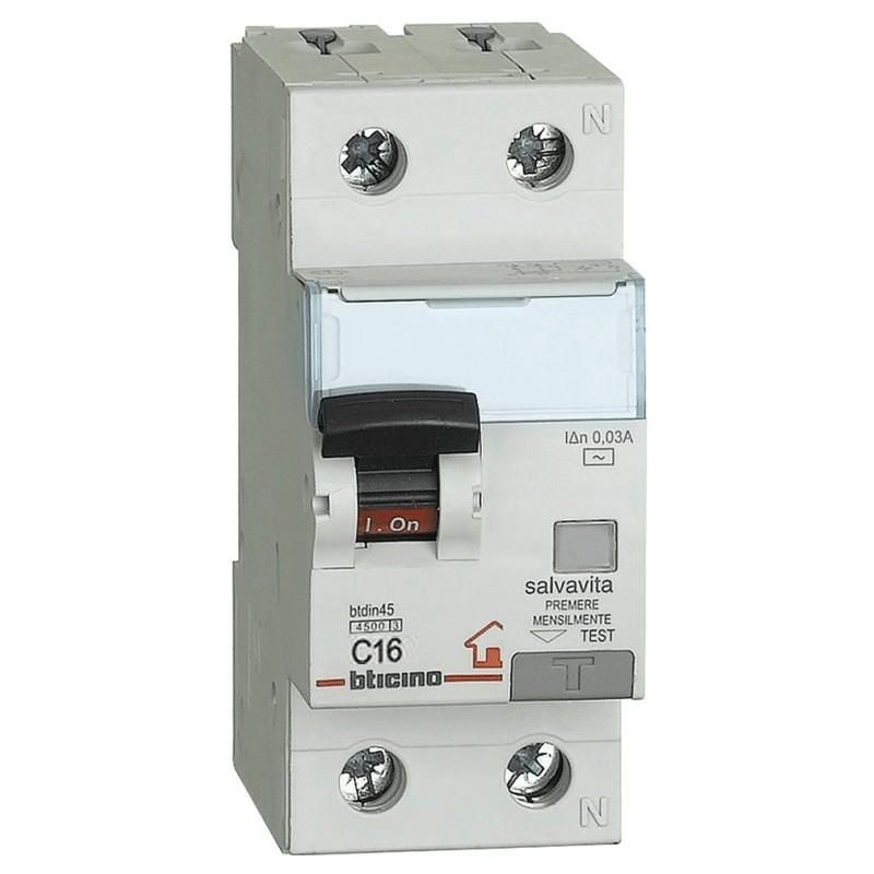 Magnetotermico Differenziale 1P+N 16A 30MA F 4,5KA 2 Moduli BTICINO GC8813F16