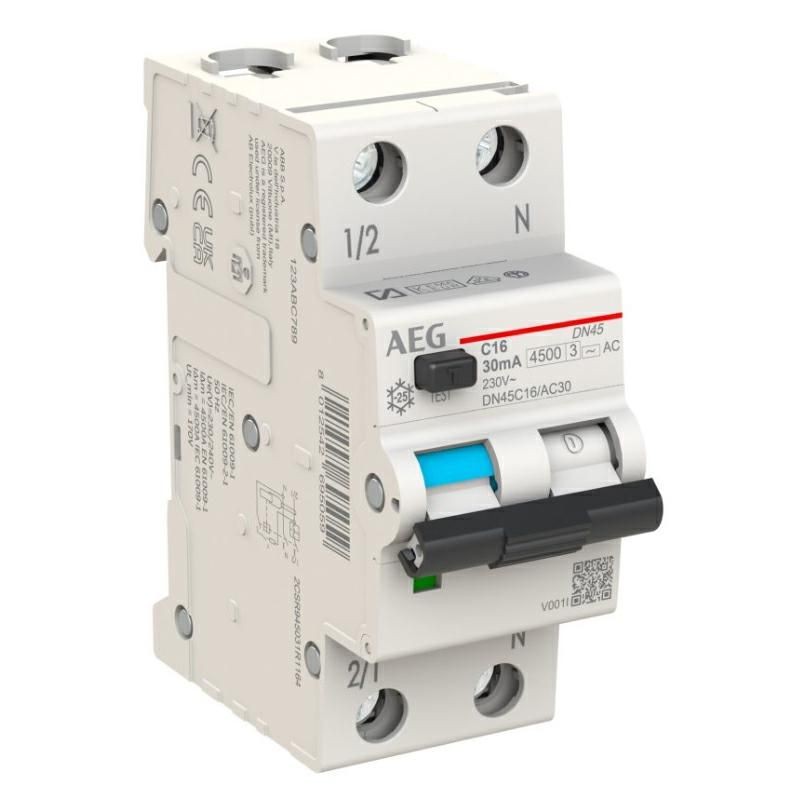 Differenziale Magnetotermico 16A 1P+N 4,5KA 2 Moduli AEG DN45C16/AC30 Differenziale Magnetotermico 16A 1P+N 4,5KA 2 Moduli AEG DN45C16/AC30
