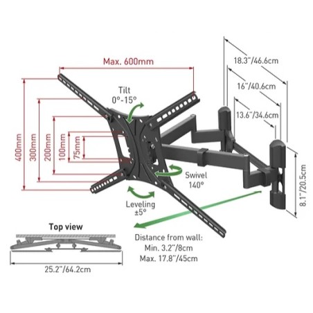Supporto Doppio Braccio per TV Movimento Completo 13''-90'' pollici BARKAN BM464